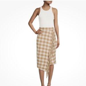 Time and Tru Women’s Fringe Faux Wrap Skirt Mocha Splash Plaid Size Large NEW